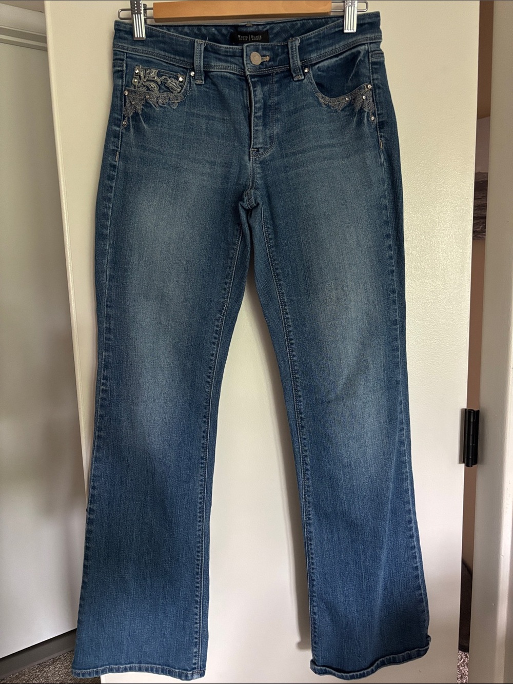 White House Black Market Women's Blue Embellished Boot Cut Jeans
